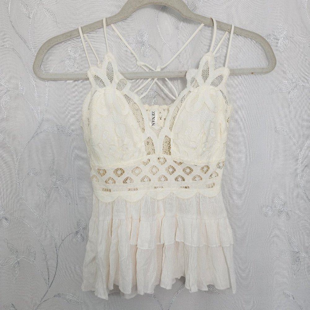 Boho Ivory Lace, Cropped Bralette Top with Ruffles